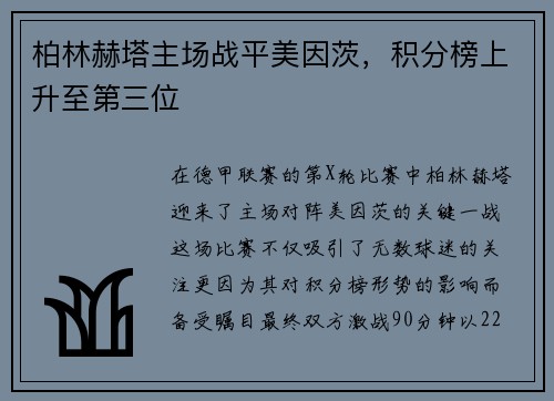 柏林赫塔主场战平美因茨，积分榜上升至第三位